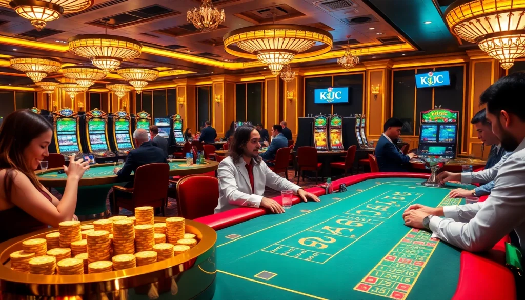 KJC casino scene showcasing luxurious gaming tables and engaging players in action.