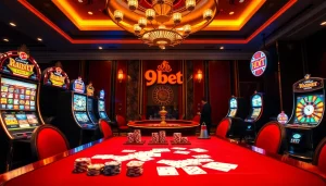 Experience the excitement of gambling at 9Dbet with poker chips and slot machines.
