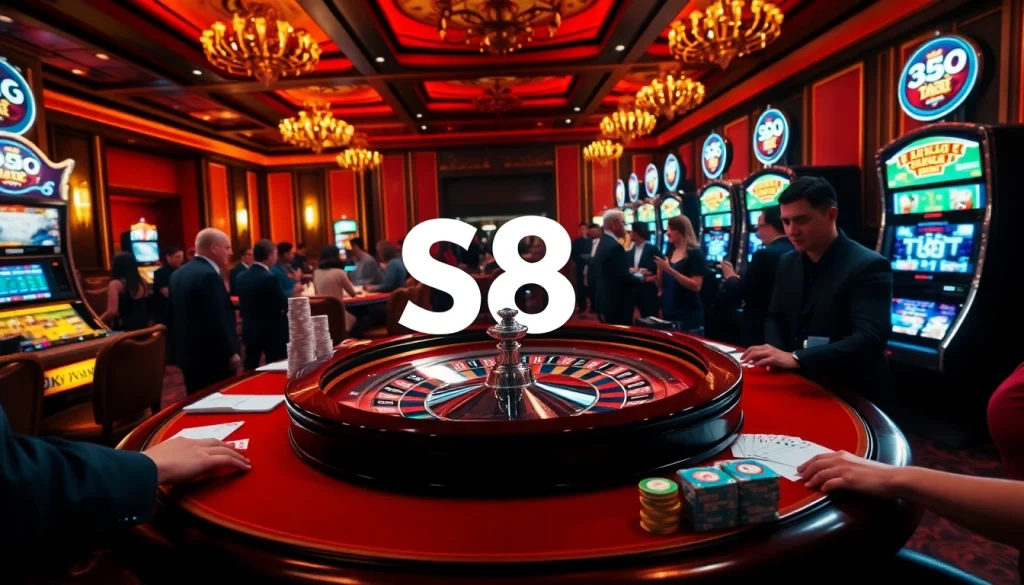S8 casino players celebrating big wins with vibrant poker chips and roulette excitement.