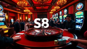 S8 casino players celebrating big wins with vibrant poker chips and roulette excitement.