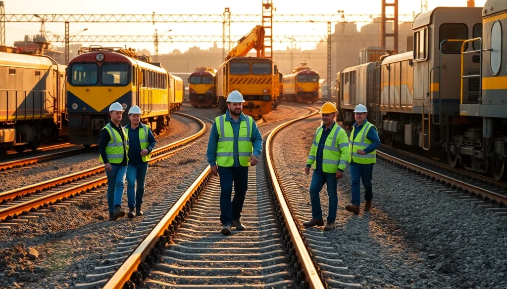 Rail contractor Canada team executing railway construction tasks with machinery in action.