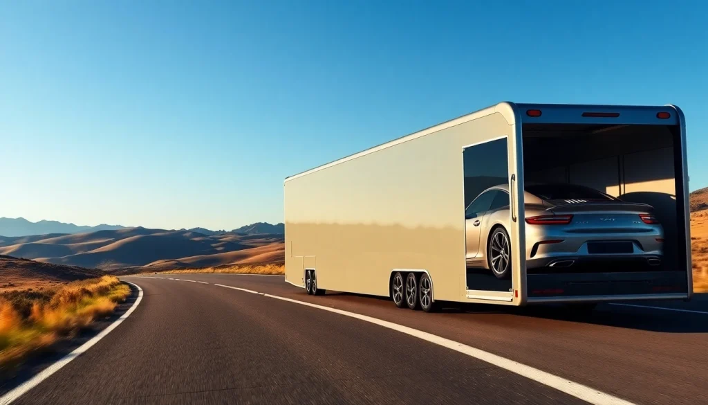 Transport luxury vehicles securely with https://luxuryautocarriers.com on a scenic highway.