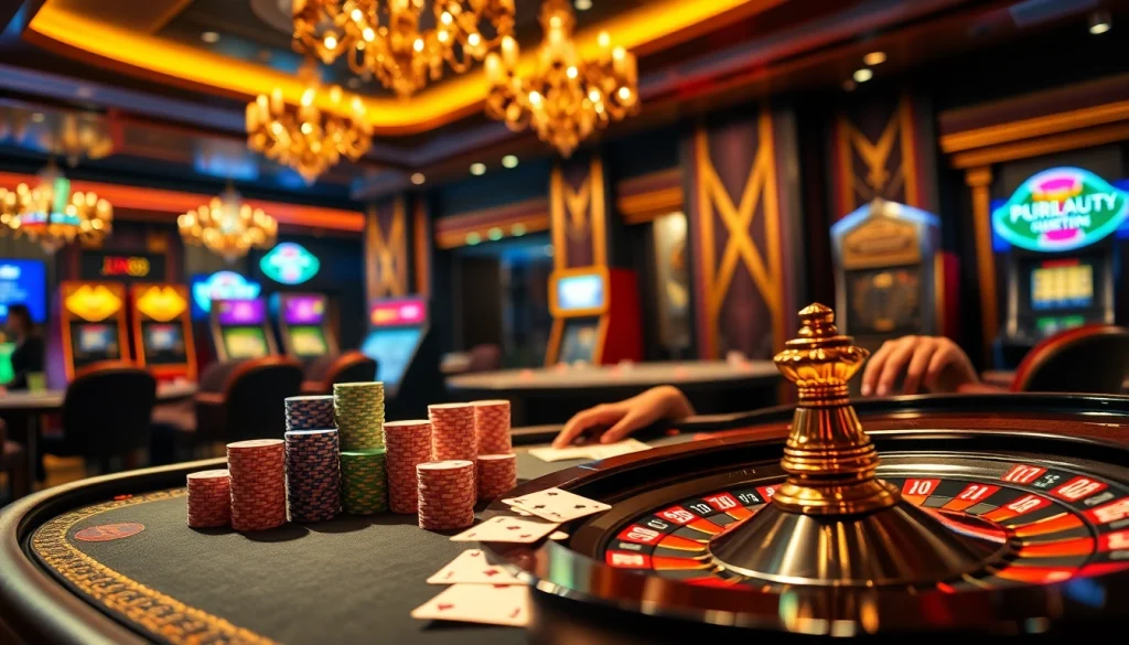 Experience the thrill of JUN88 casino action with vibrant poker chips and a spinning roulette wheel.