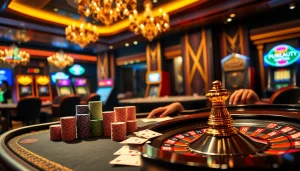 Experience the thrill of JUN88 casino action with vibrant poker chips and a spinning roulette wheel.