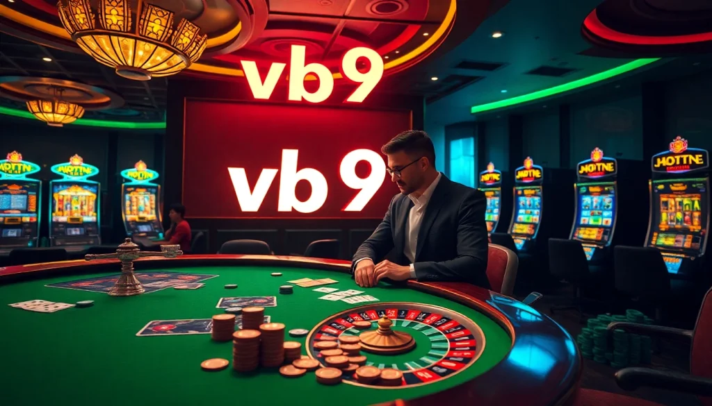 Experience thrilling vb9 wins at a vibrant casino table with cards and chips.