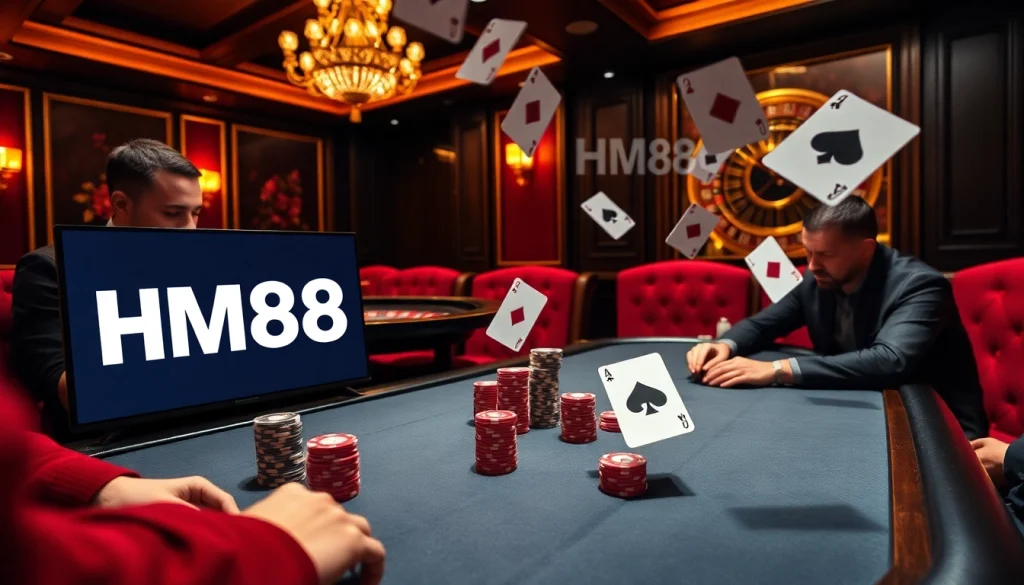 Players enjoying a thrilling poker game at HM88 casino with vibrant chips and cards.
