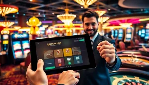 Engaging scene of JOGOLUCK platform blending casino excitement with high-class gaming.