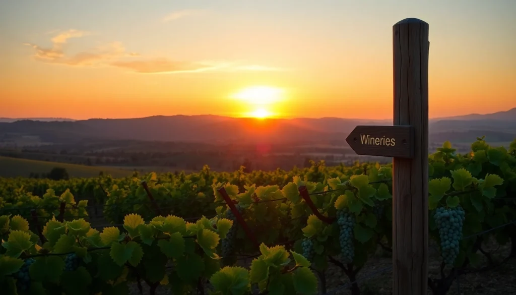 Experience the stunning vineyards of Clarksburg, CA, under a vibrant sunset backdrop.