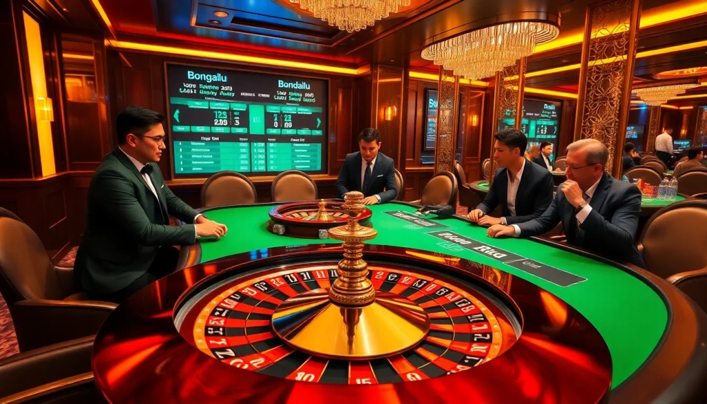 Bongdalu gaming table showcasing thrilling poker action with vibrant chips and a roulette wheel.