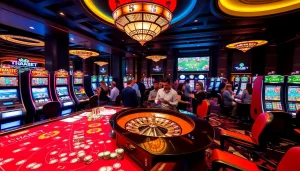 Gamblers enjoying thrilling games at THABET casino with vibrant tables and slot machines.