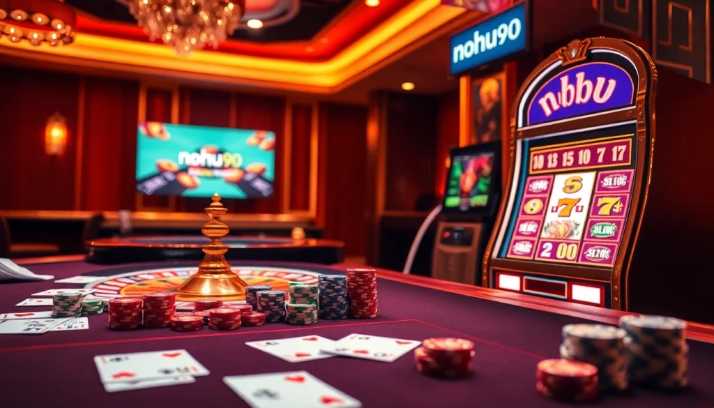 Engage in thrilling gameplay at NOHU90 with vibrant casino tables and jackpot slot machines.