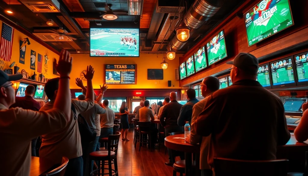 Engaged fans participating in sports betting in Texas at a lively sports bar.