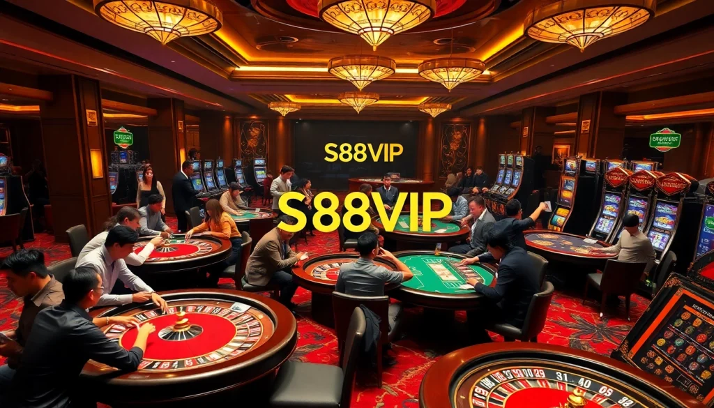 S88VIP players celebrating wins at a luxurious casino with poker tables and slot machines.