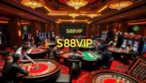 S88VIP players celebrating wins at a luxurious casino with poker tables and slot machines.