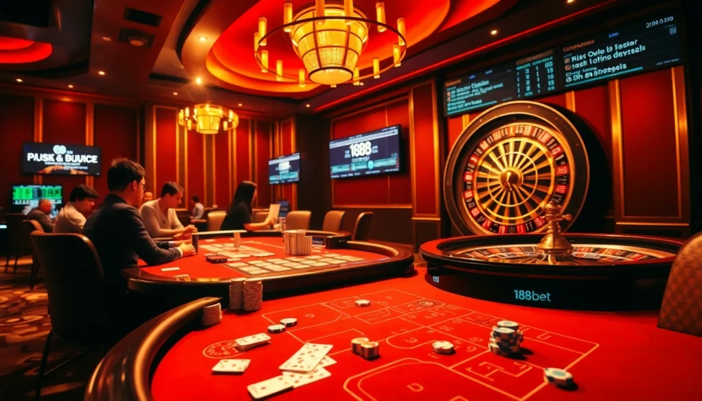 Experience 188 bet action at a luxurious casino table filled with players and vibrant cards.