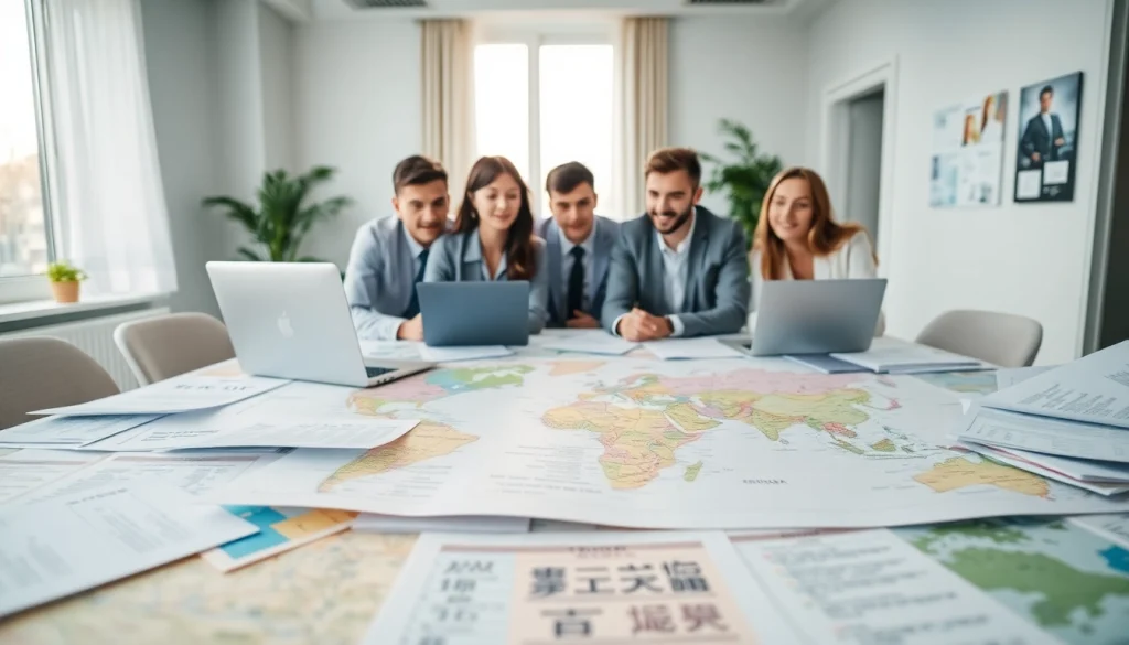 Découvrez les services professionnels de traduction sur translatecompany.fr, où des traducteurs collaborent dans un bureau moderne.