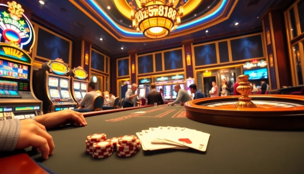 Experience the thrill of gaming at RR88 with vibrant casino visuals showcasing poker tables, slot machines, and roulette.