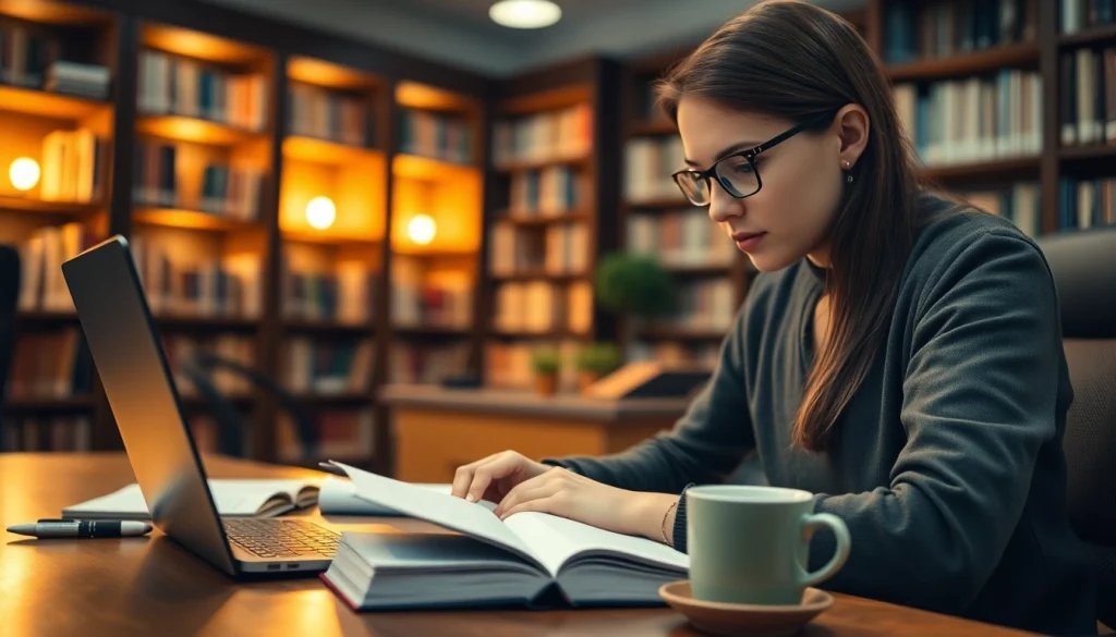The best CIPD assignment help: A focused student works on assignments in a serene library.