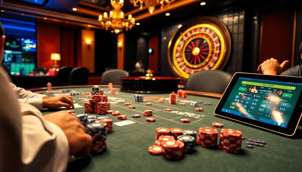 Engaging gamblers at an S8-themed casino poker table with vibrant chips and cards.