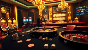 Players engaging in thrilling casino games at 789BET's luxurious gaming tables, featuring poker chips and a roulette wheel.