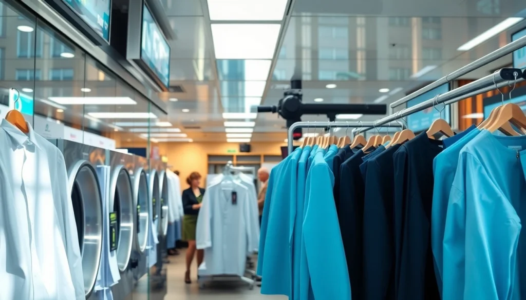 Dry cleaners near me showcasing a welcoming storefront with freshly cleaned garments and friendly staff.