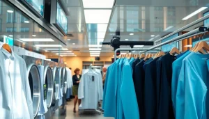 Dry cleaners near me showcasing a welcoming storefront with freshly cleaned garments and friendly staff.