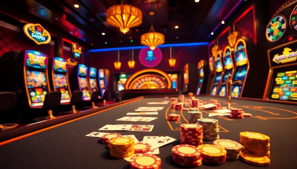 A thrilling casino environment highlighting 789pet with poker chips, cards, and a roulette wheel in an upscale setting.
