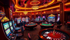 Experience the thrilling atmosphere of Slot777 machines in a luxurious casino setting, complete with excited gamblers.