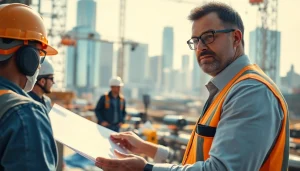New York Construction Manager coordinating a construction project with blueprints in hand.