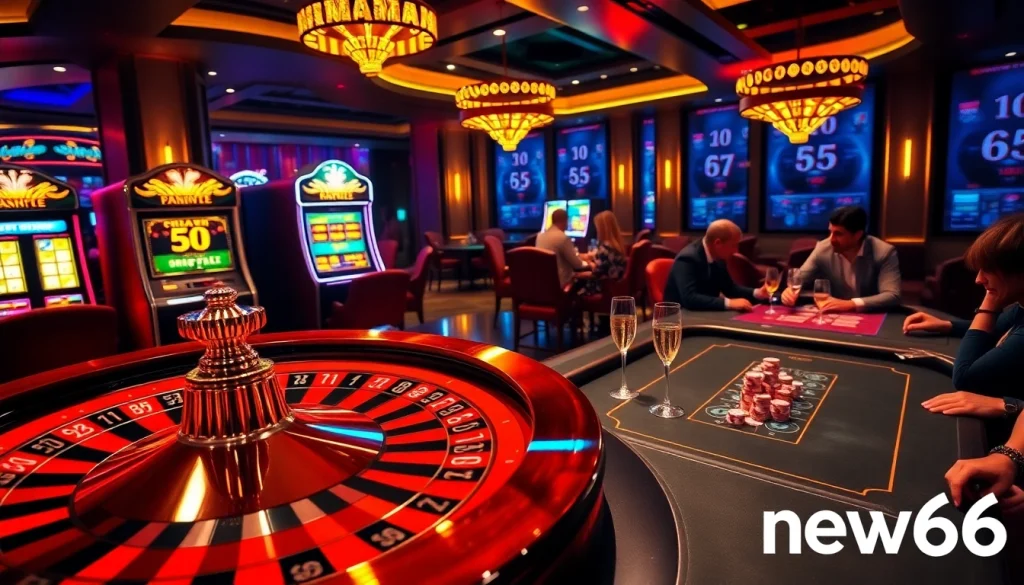 Exciting casino atmosphere with players engaging in various games, showcasing new66 brand elements prominently.