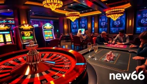 Exciting casino atmosphere with players engaging in various games, showcasing new66 brand elements prominently.