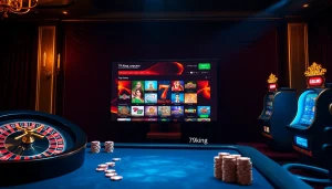 A captivating casino scene highlighting the vibrant interface of 79king.computer, showcasing roulette and slot games.