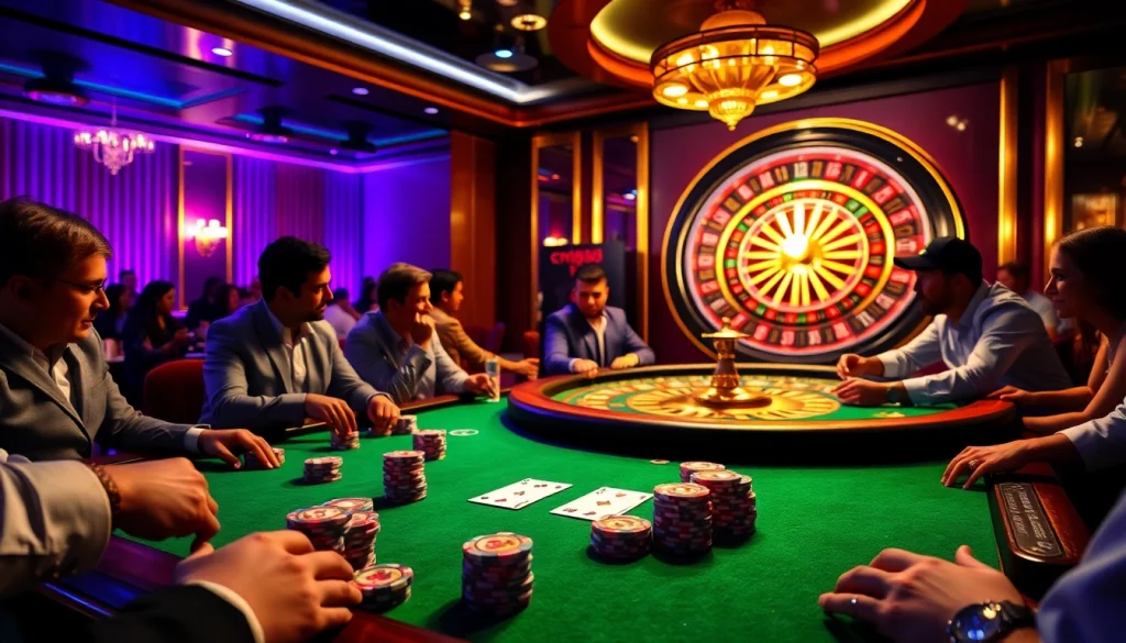 Players enjoying a thrilling poker game at mm88.press casino, surrounded by golden elegance and excitement.