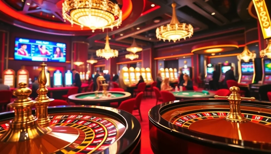 Engaged players at roulette tables in a vibrant FABET online casino scene filled with excitement.