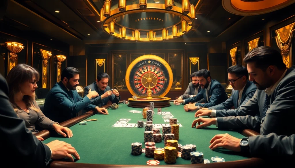 Players enjoying a thrilling poker night at nk88 casino, surrounded by luxurious decor.