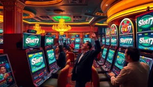 Excited players celebrating wins on Slot777 machines in a vibrant casino atmosphere.