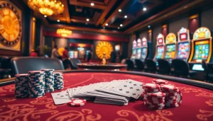 RR88 players enjoying a vibrant poker table surrounded by exciting casino elements.