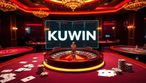 This exhilarating casino scene showcases online gambling elements at https://kuwinzhz.com/, featuring vibrant roulette wheels and poker chips.