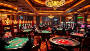 Experience the thrill of 136bet with players at vibrant casino tables and slot machines.