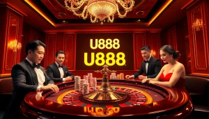 U888 players enjoying high-stakes action at a luxurious roulette table in a classy casino.