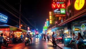 Experience the vibrant 베트남밤문화 with lively street scenes filled with neon lights, socializing, and local entertainment.