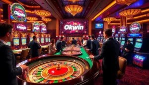 Players enjoying a lively casino scene with Okwin branding at gaming tables and slot machines.