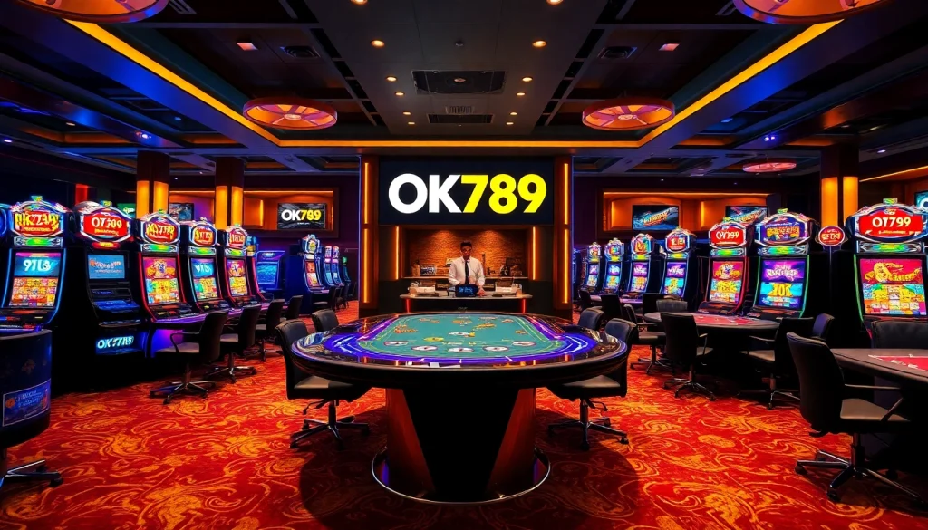 Engaging gamblers at OK789 with vibrant slot machines and vivid poker chips.