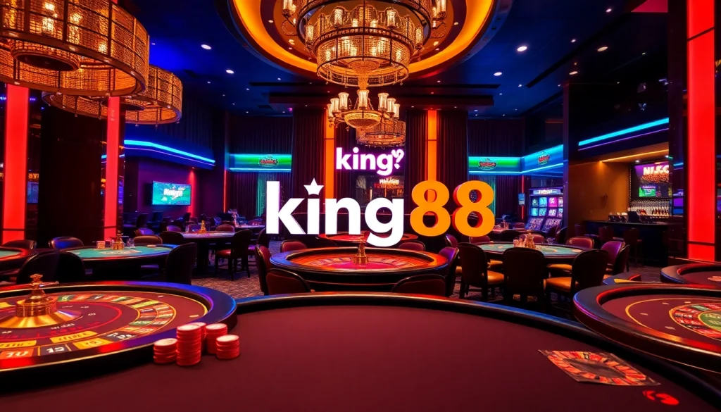 Exciting casino scene featuring king88 gaming tables, vibrant chips, and elegant players.
