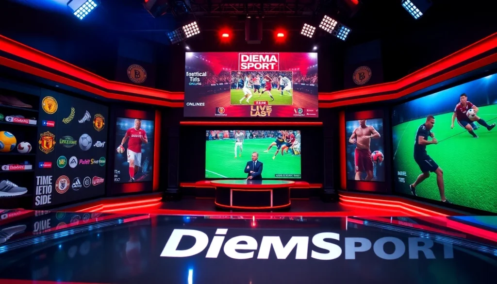 Watch Diema Sport Online Free with a vibrant live sports broadcast studio showcasing dynamic presenters and engaging graphics.