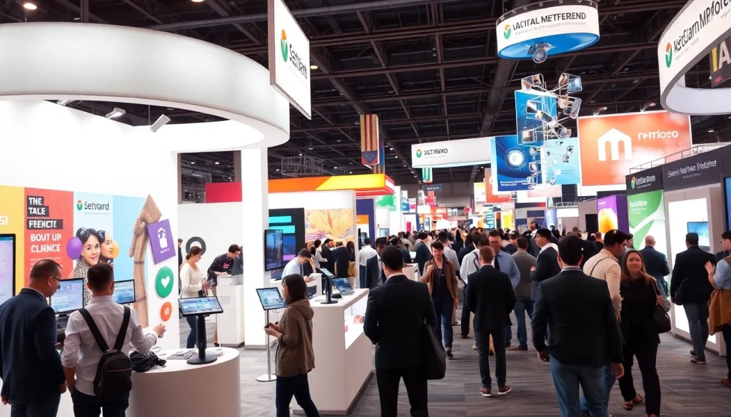 Highlighting trade show displays in a busy exhibition environment with vibrant booth designs.