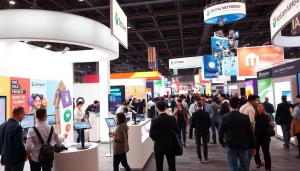 Highlighting trade show displays in a busy exhibition environment with vibrant booth designs.