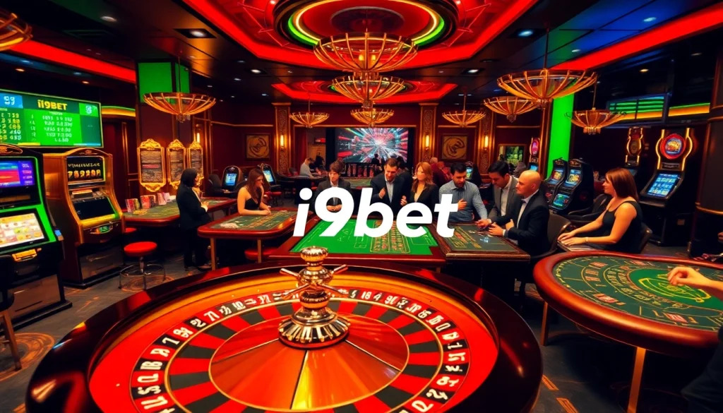 Gambling excitement at i9bet's casino with players enjoying roulette and poker.