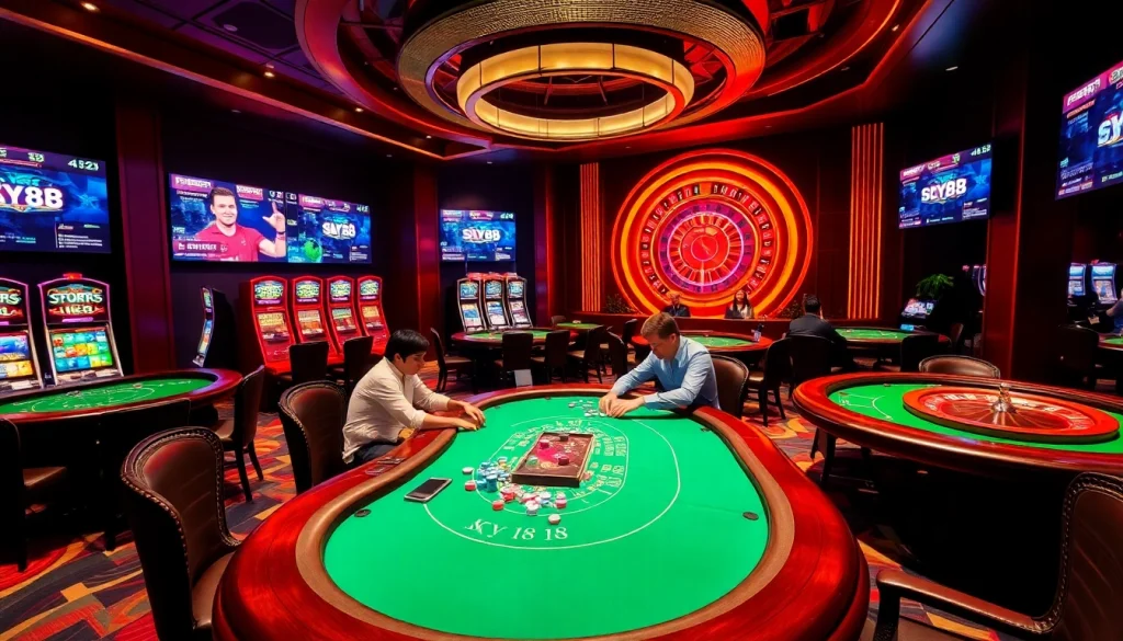 Sky88 gambling scene showcasing vibrant casino games and engaged players.