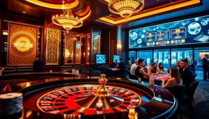 Experience the thrill of the Top 10 Nhà Cái Uy Tín with vibrant casino visuals featuring roulette wheels and poker games.